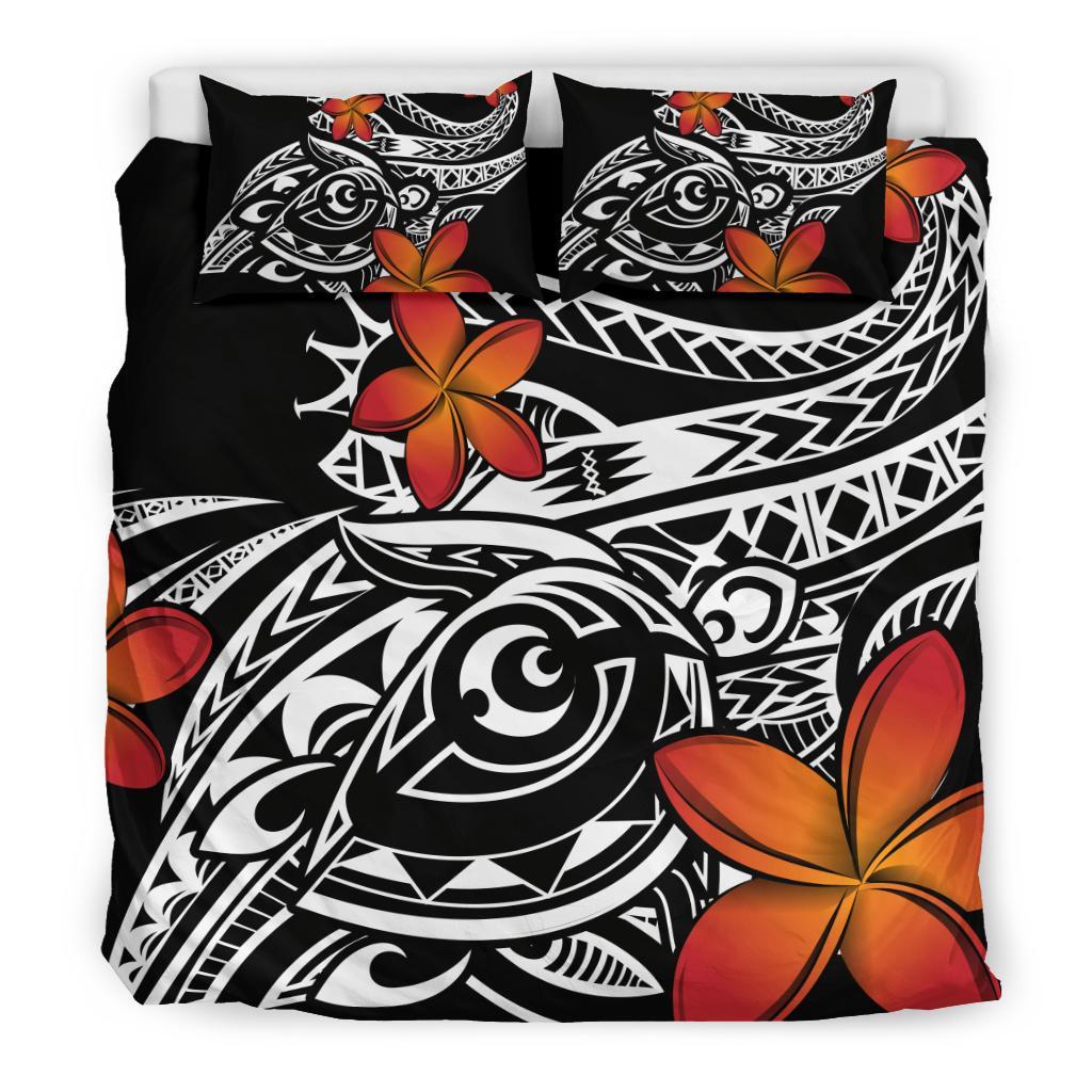 Hawaiian Big Turtle Swim Plumeria Polynesian Bedding Set Black - Polynesian Pride