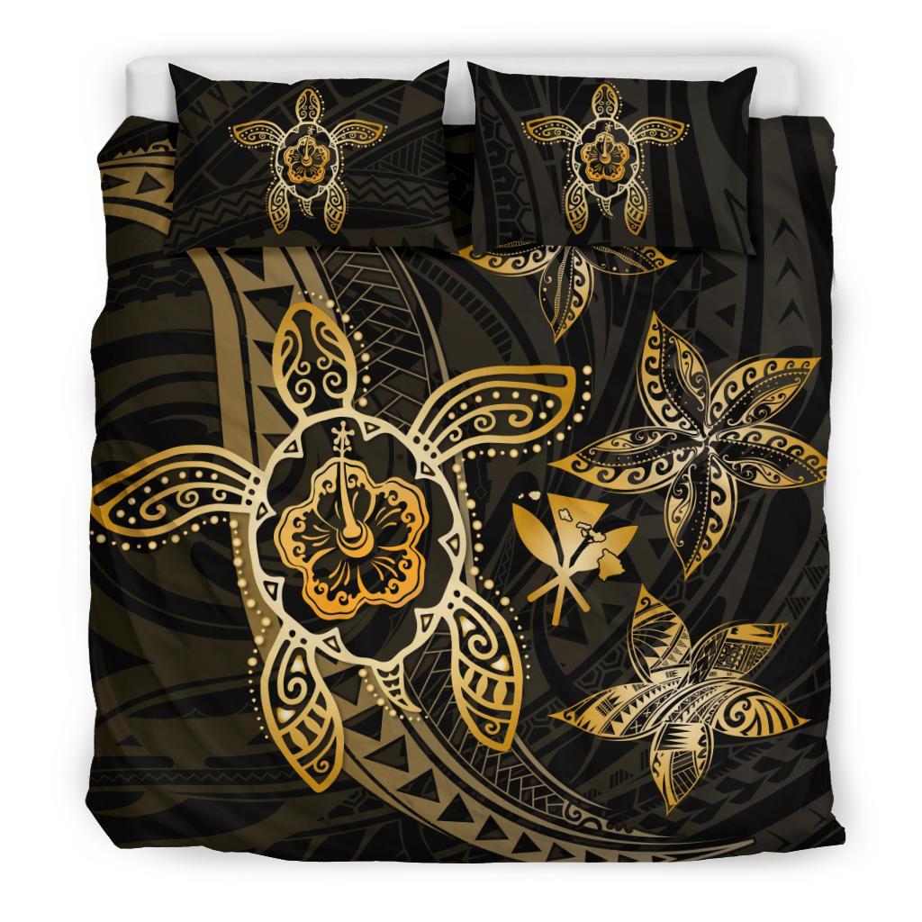 Hawaiian Map Art Turtle Kanaka Hibiscus Plumeria Gold Polynesian Bedding Set - Polynesian Pride