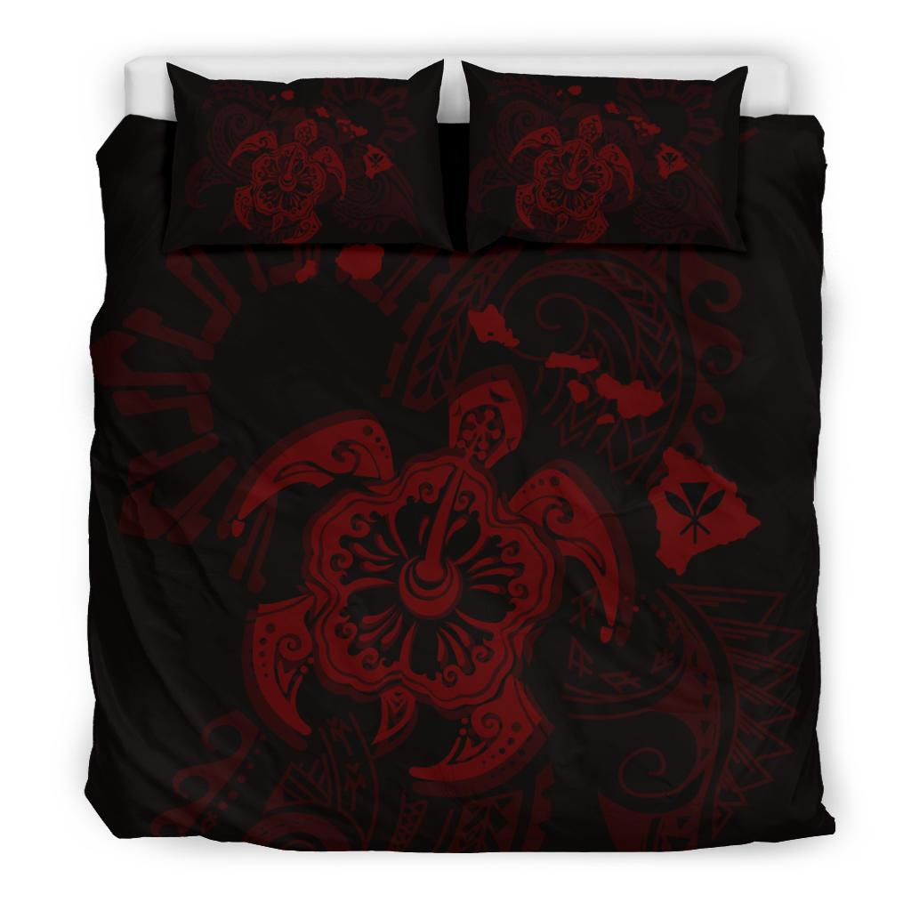 Hawaiian Map Kanaka Hibiscus Turtle Red Polynesian Bedding Set - Polynesian Pride