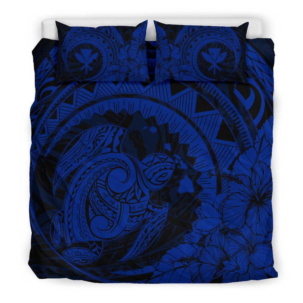Hawaiian Map Kanaka Honu Hibiscus Blue Globular Polynesian Bedding Set - Polynesian Pride