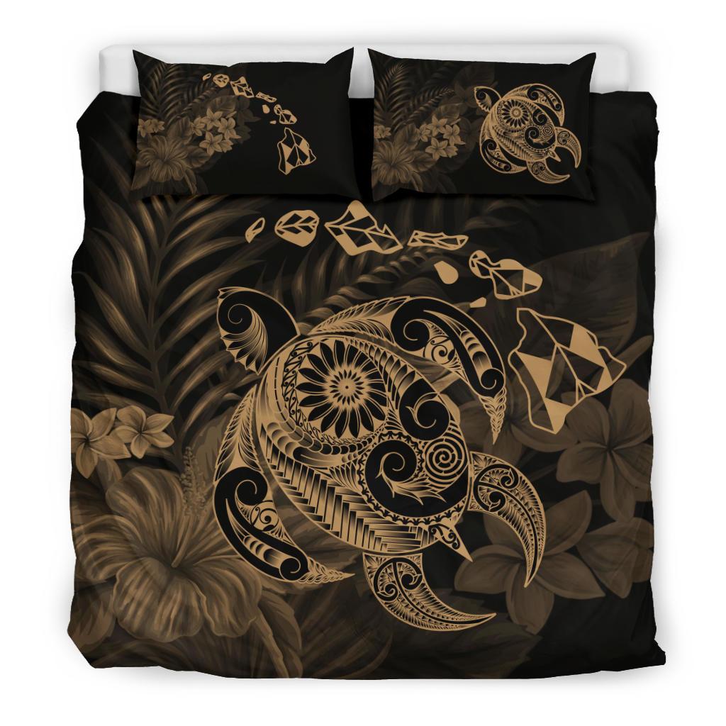 Hawaiian Map Turtle Tattoo Hibiscus Plumeria Polynesian Bedding Set - Gold - Polynesian Pride
