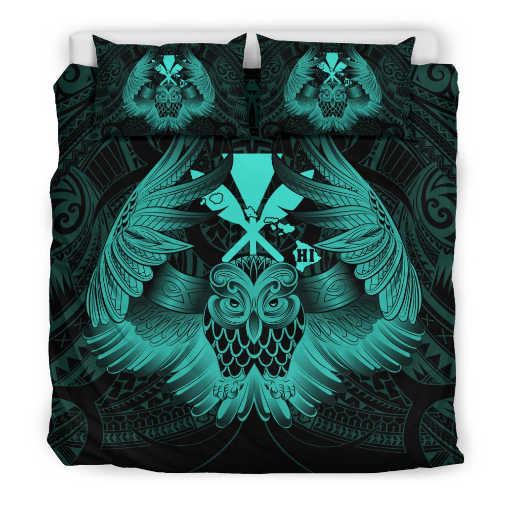 Hawaiian Map Owl Kanaka Bedding Set - Pueo Aumakua - Turquoise - Polynesian Pride