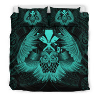 Hawaiian Map Owl Kanaka Bedding Set - Pueo Aumakua - Turquoise - Polynesian Pride