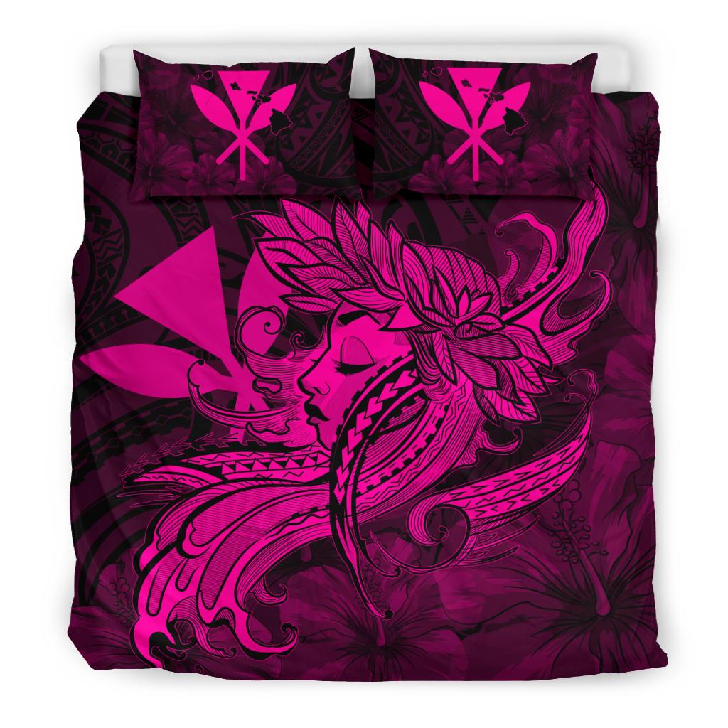Hawaiian Map Hula Girl Hibiscus Kanaka Polynesian Bedding Set - Pink - Polynesian Pride