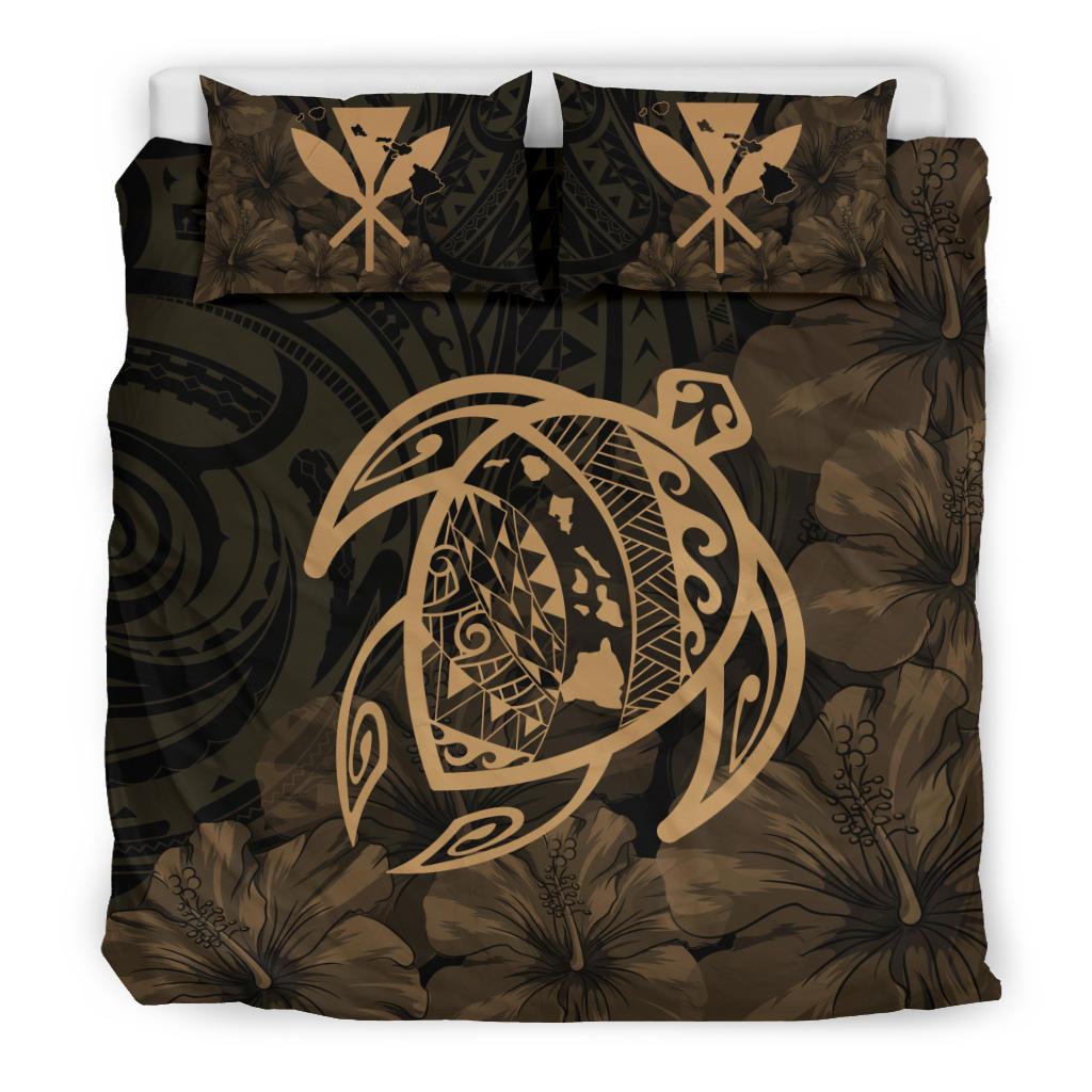 Hawaiian Map Turtle Kanaka Hibiscus Polynesian Bedding Set - Gold - Polynesian Pride
