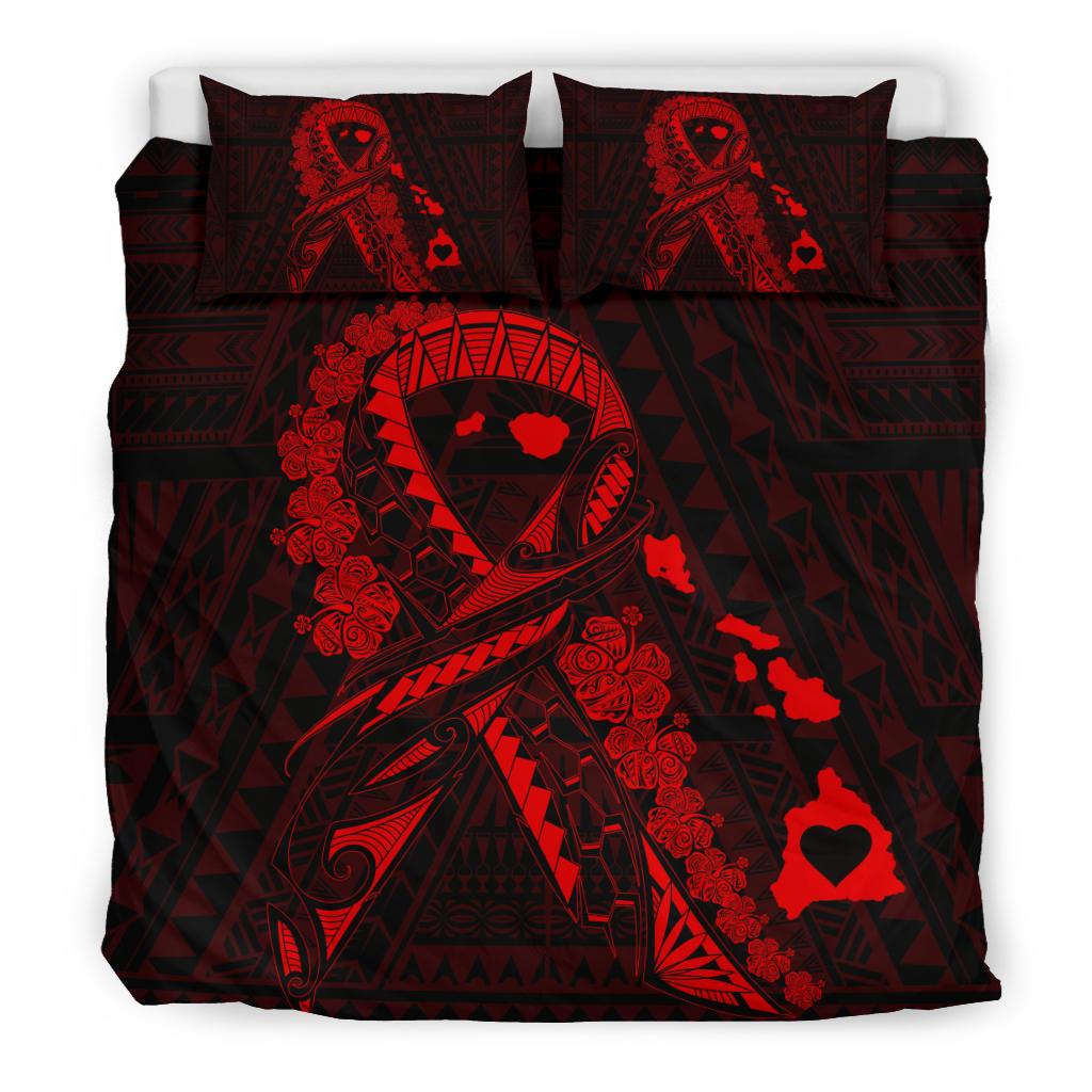 Hawaiian Map Heart Ribbon Cancer Hibiscus Polynesian Bedding Set - Red - Polynesian Pride