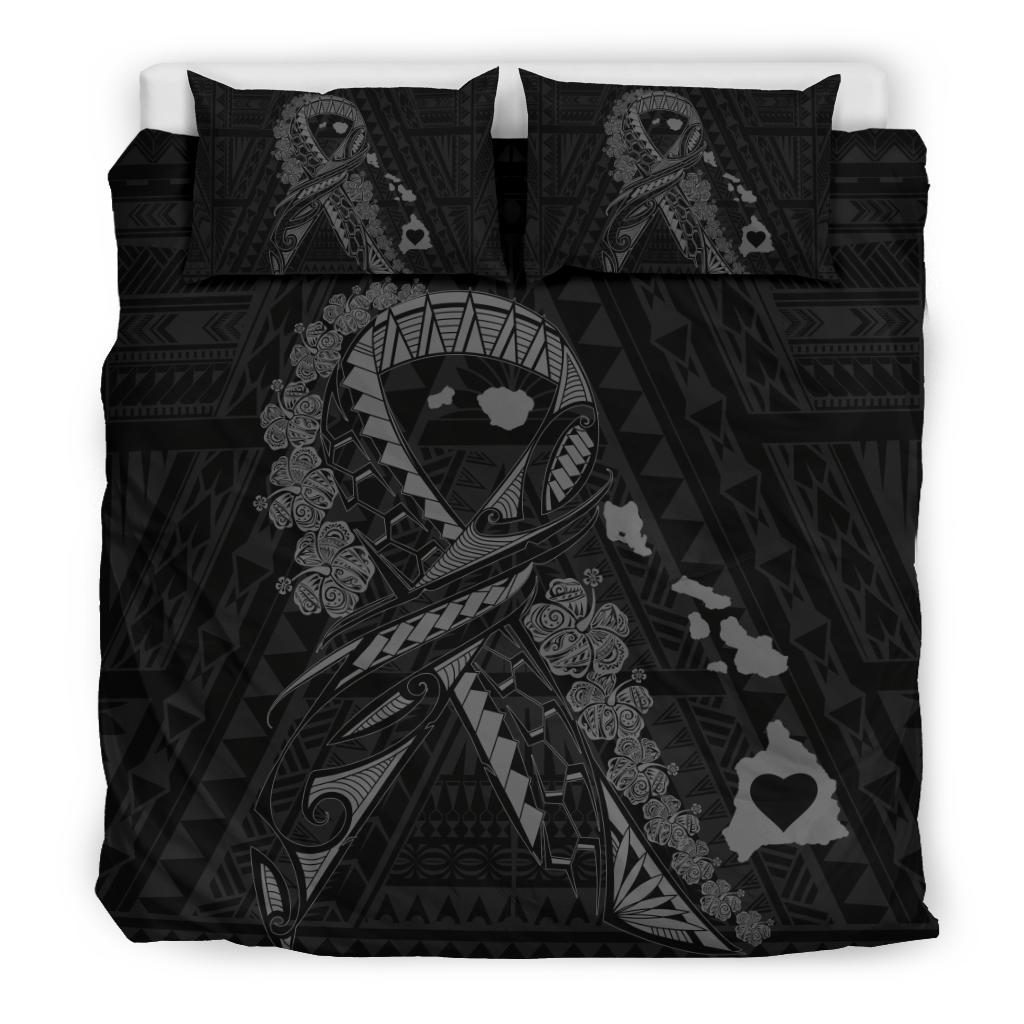 Hawaiian Map Heart Ribbon Cancer Hibiscus Polynesian Bedding Set - Gray - Polynesian Pride
