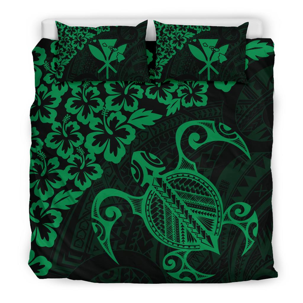 Hawaiian Map Turtle Hibiscus Kanaka Polynesian Bedding Set - Green - Polynesian Pride