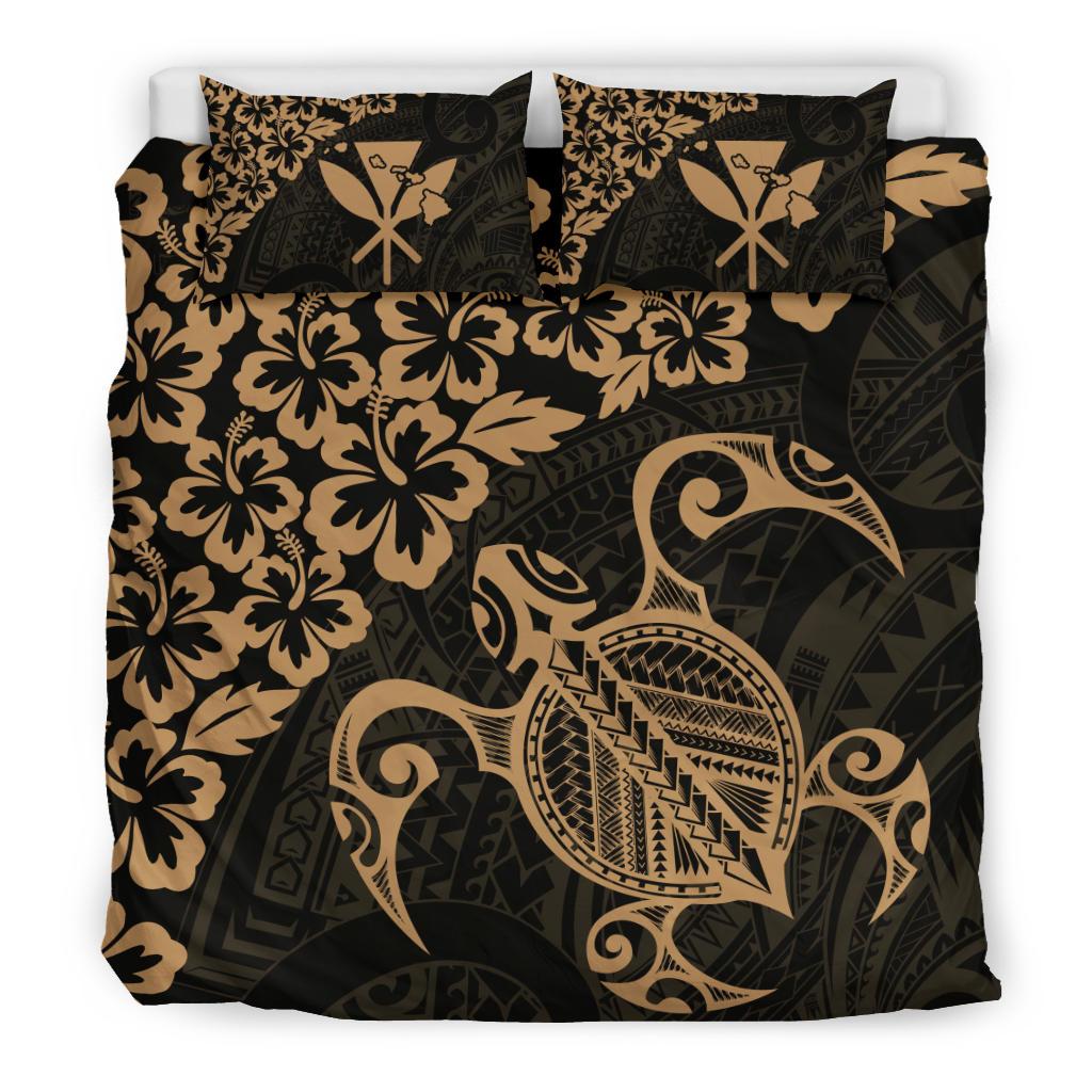 Hawaiian Map Turtle Hibiscus Kanaka Polynesian Bedding Set - Gold - Polynesian Pride