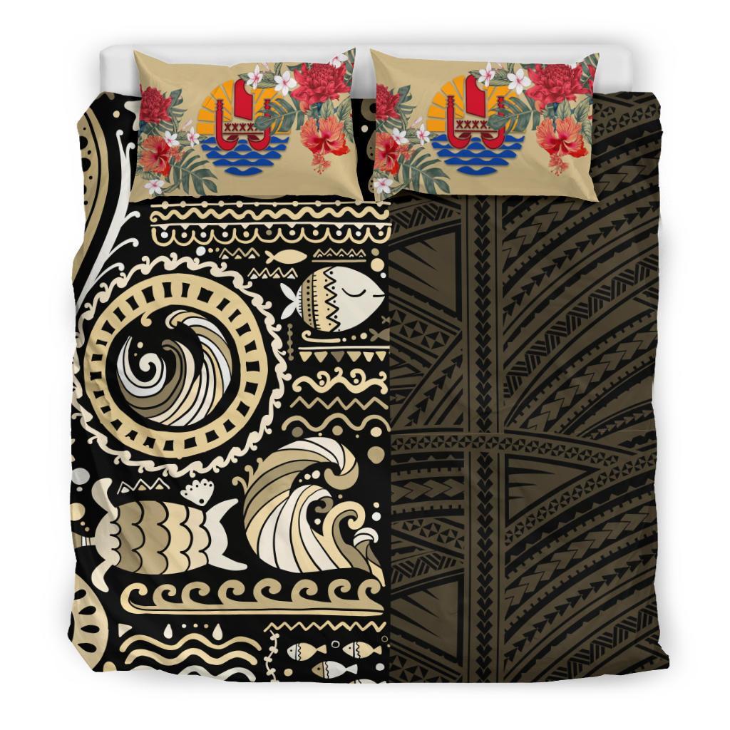 Polynesian Duvet Cover Set - Tahiti Bedding Set Gold Polynesian Hibiscus Tribal Style Gold - Polynesian Pride