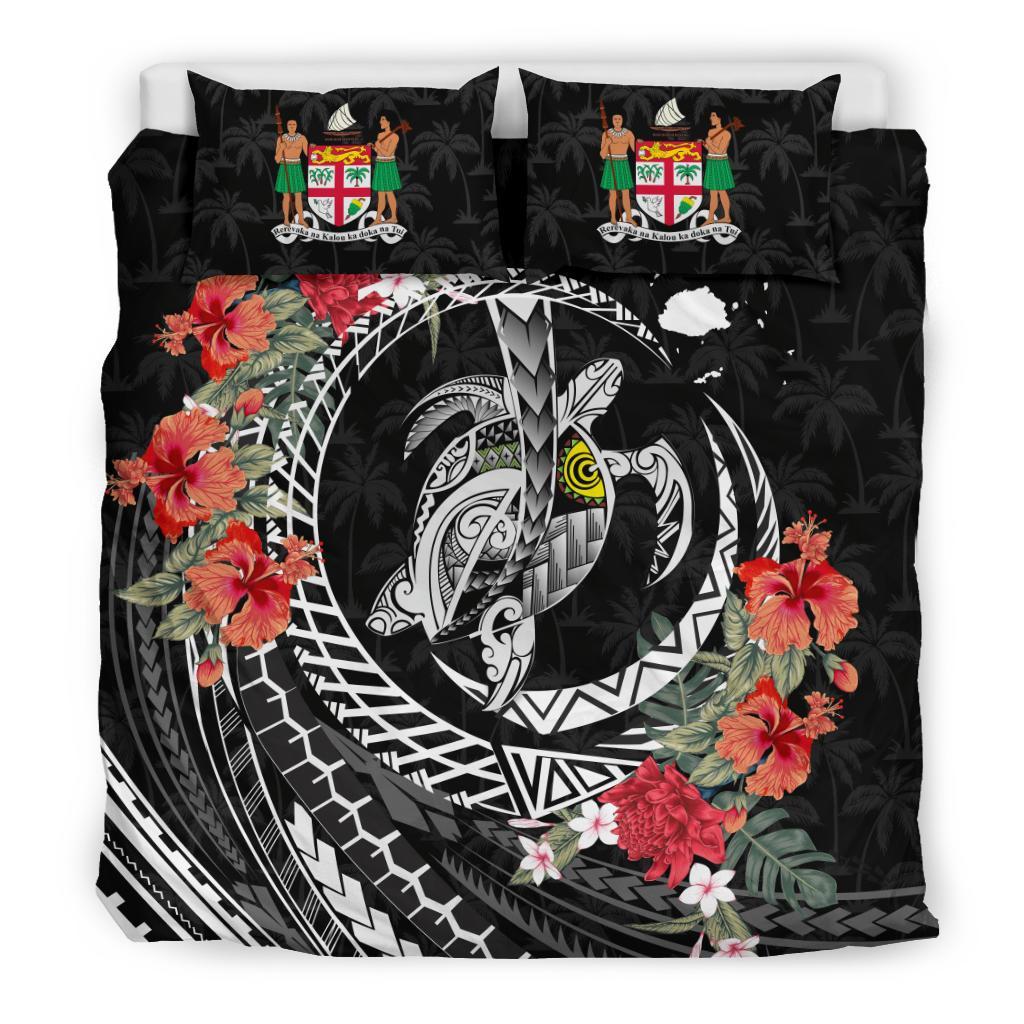 Polynesian Duvet Cover Set - Fiji Bedding Set Polynesia Map Turtle Hibiscus Black - Polynesian Pride