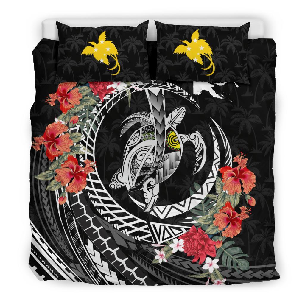 Polynesian Duvet Cover Set - Papua New Guinea Bedding Set Polynesia Map Turtle Hibiscus Black - Polynesian Pride