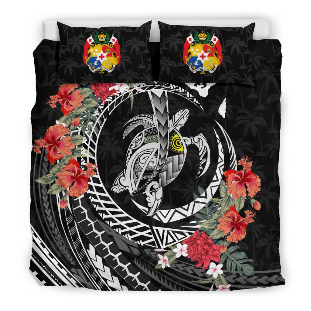 Polynesian Duvet Cover Set - Tonga Bedding Set Polynesia Map Turtle Hibiscus Black - Polynesian Pride