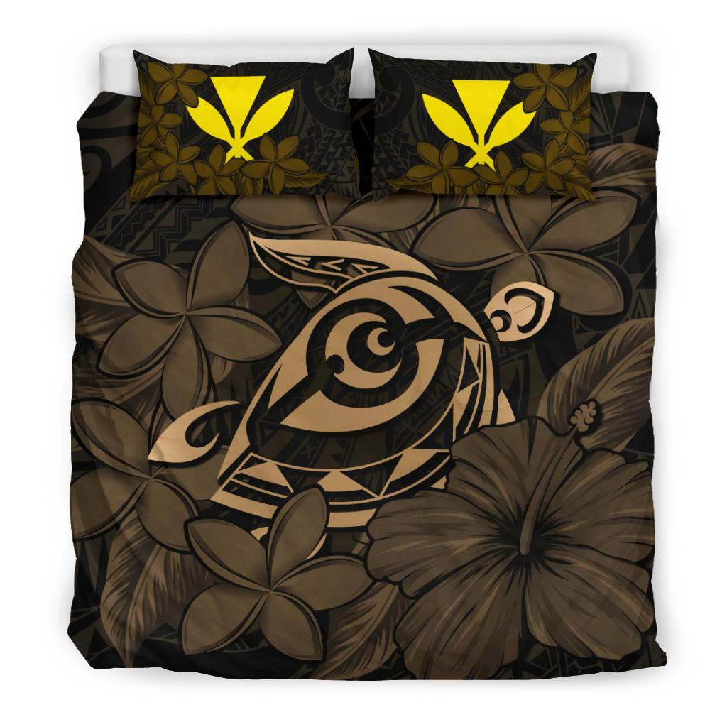 Hawaiian Turtle Hibiscus Plumeria Kanaka Polynesian Bedding Set Gold - Soft Style - Polynesian Pride
