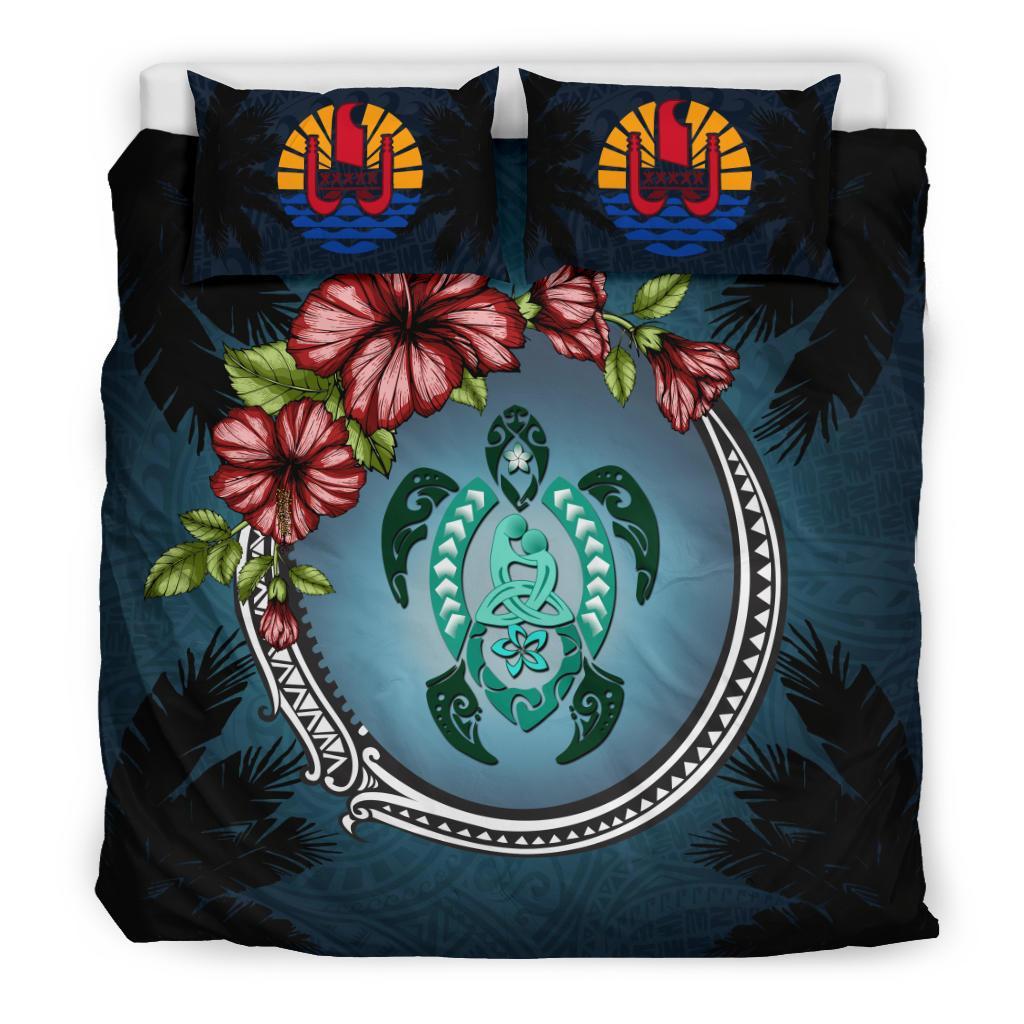 Polynesian Duvet Cover Set - Tahiti Bedding Set Polynesian Turtle Hibiscus Mother Son Blue - Polynesian Pride