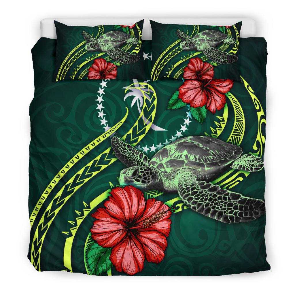 Polynesian Bedding Set - Chuuk Micronesia Duvet Cover Set Green Turtle Hibiscus - Polynesian Pride