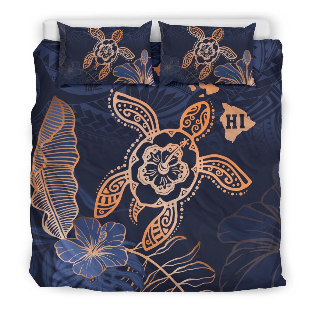 Hawaii Kakau Polynesian Turtle Map Bedding Set - Indigo - Polynesian Pride