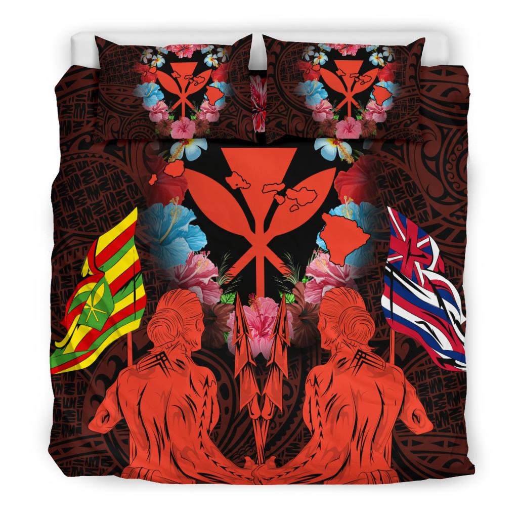 Hawaii Map Kanaka Two Men Holding Flag Bedding Set - AH - Orange - Polynesian Pride