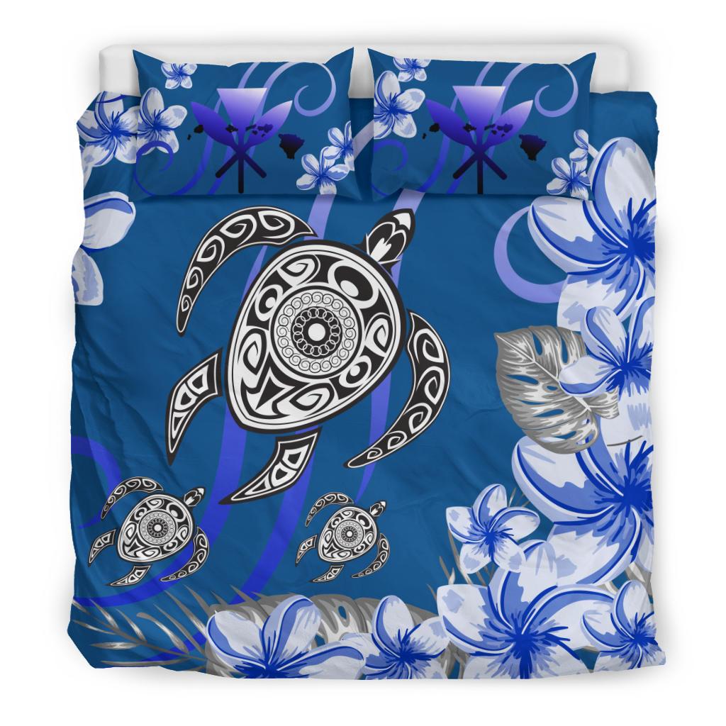 Hawaii Turtle Polynesian Mix Plumeria Blue Bedding Set Art - Polynesian Pride