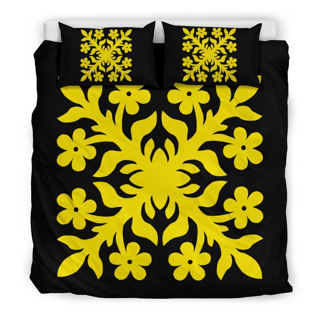 Hawaiian Bedding Set Royal Pattern - Black And Yellow - C2 Style - Polynesian Pride