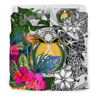 Nauru Custom Personalised Bedding Set White - Turle Plumeria Banana Leaf Crest - Polynesian Pride