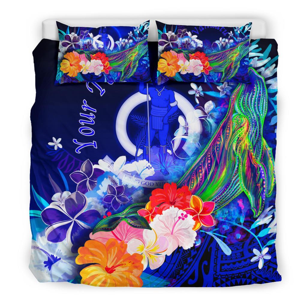 Vanuatu Custom Personalised Bedding Set - Humpback Whale with Tropical Flowers (Blue) - Polynesian Pride