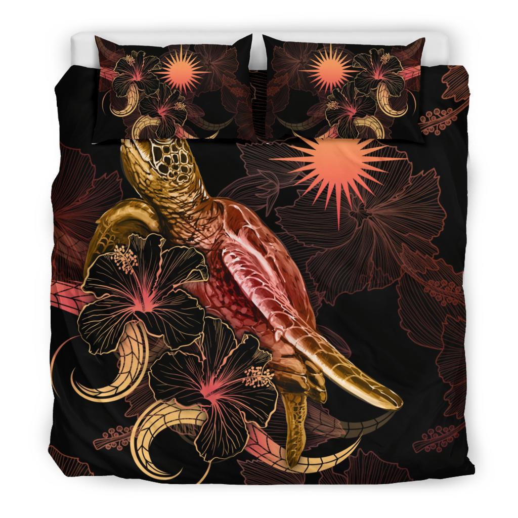 Nauru Polynesian Bedding Set - Turtle With Blooming Hibiscus Gold - Polynesian Pride
