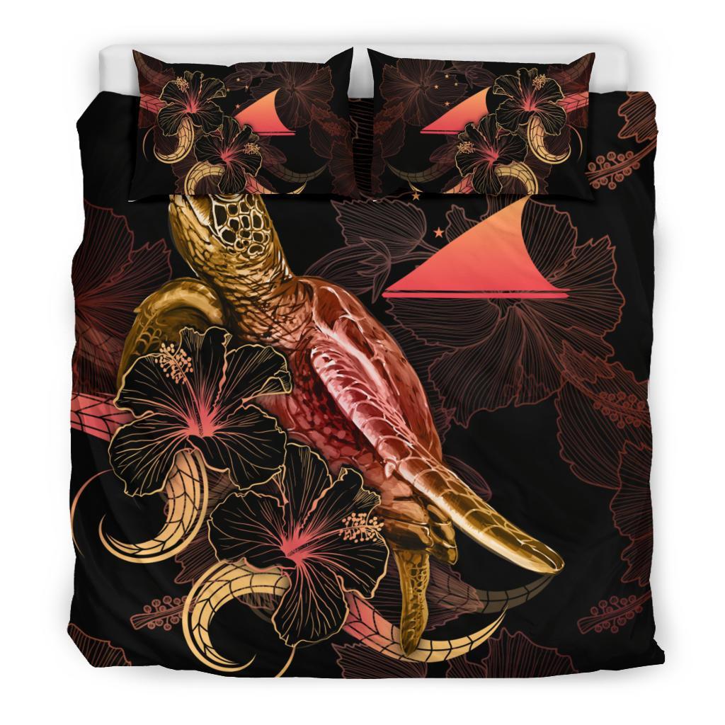 Tokelau Polynesian Bedding Set - Turtle With Blooming Hibiscus Gold - Polynesian Pride