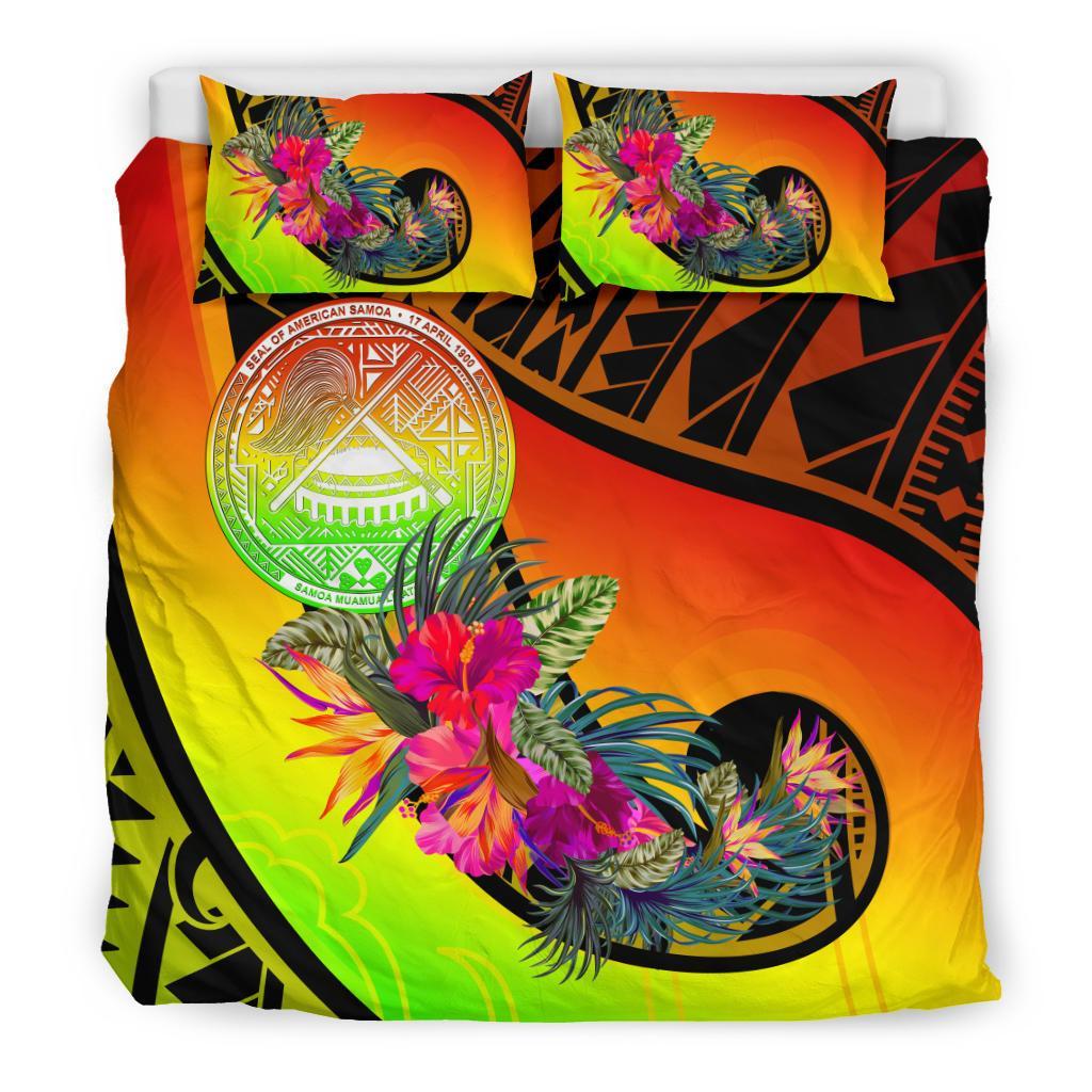 American Samoa Bedding Set - Polynesian Hook And Hibiscus (Raggae) - Polynesian Pride