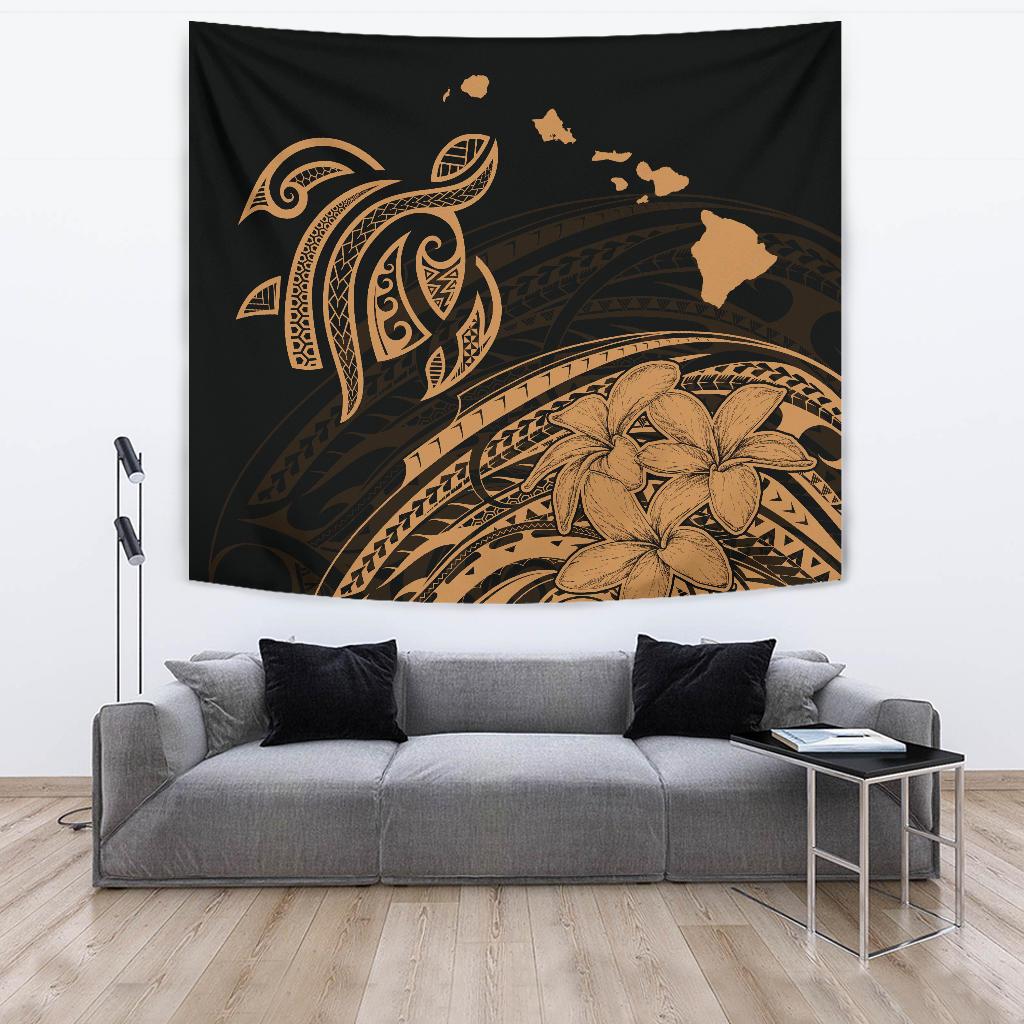 Hawaii Map Plumeria Polynesian Gold Tribal Tapestry - Polynesian Pride