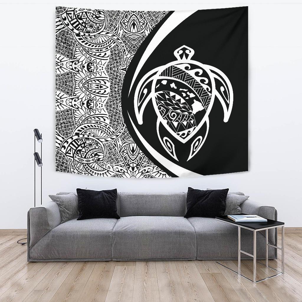 Hawaii Turtle Map Polynesian Tapestry - White - Circle Style Wall Tapestry 150cm*150cm White - Polynesian Pride
