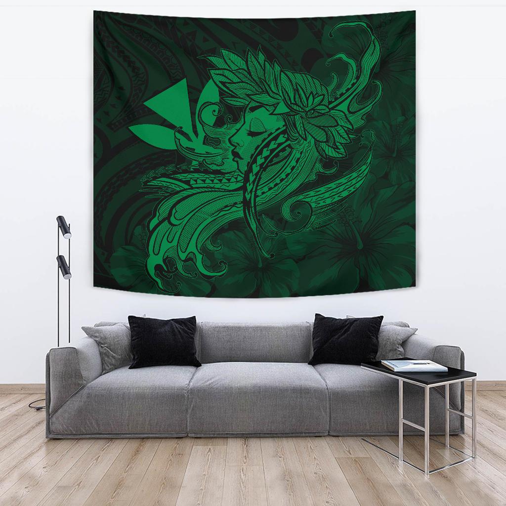 Hula Girl Hibiscus Kanaka Poly Tapestry - Green Wall Tapestry Green - Polynesian Pride