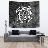 Hawaii Turtle Kanaka Map Hibiscus Poly Tapestry - White Wall Tapestry Large 104" x 88" White - Polynesian Pride