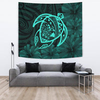 Hawaii Turtle Kanaka Map Hibiscus Poly Tapestry - Turquoise Wall Tapestry Turquoise - Polynesian Pride