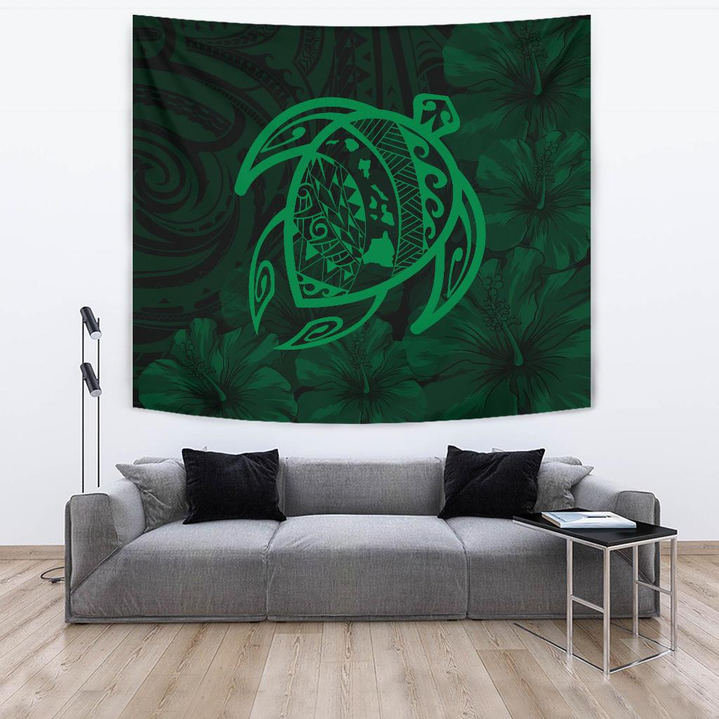 Hawaii Turtle Kanaka Map Hibiscus Poly Tapestry - Green Wall Tapestry Green - Polynesian Pride