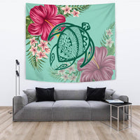 Hawaii Turtle Hibiscus Plumeria Tapestry - Hug Style Wall Tapestry 150cm*150cm Turquoise - Polynesian Pride