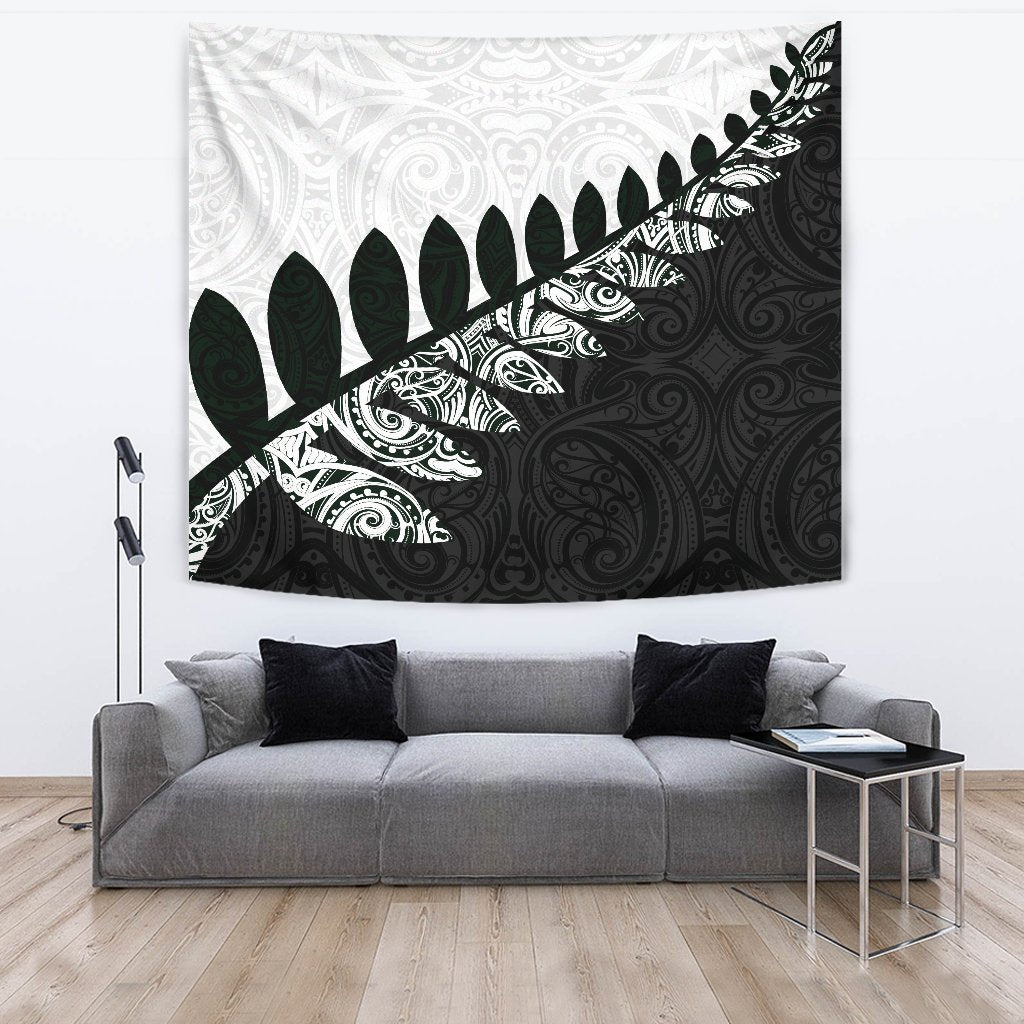 New Zealand Silver Fern Maori Tapestry Black White - Polynesian Pride
