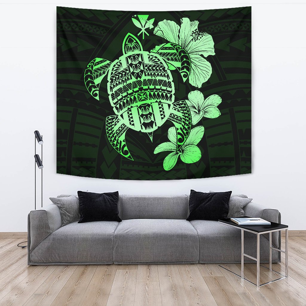 Hawaiian Kanaka Hibiscus Plumeria Mix Polynesian Turtle Tapestry Green AH - Polynesian Pride