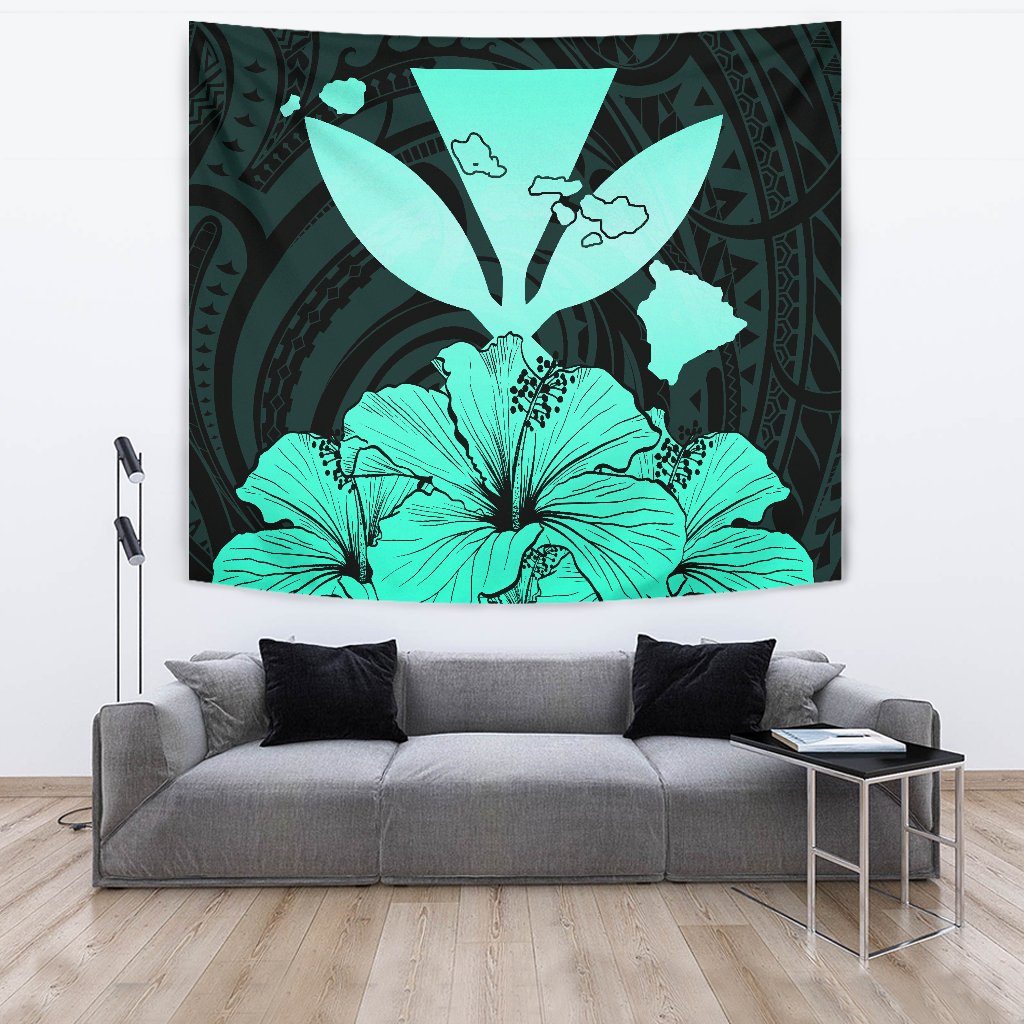 Hawaiian Kanaka Tapestry Hibiscus Polynesian Love Turquoise Wall Tapestry Large 104" x 88" Turquoise - Polynesian Pride