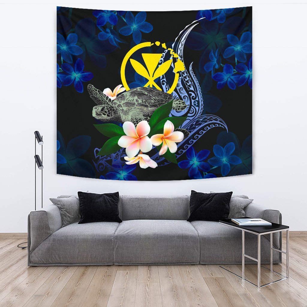 Hawaii Polynesian Tapestry - Turtle With Plumeria Flowers One Style Large 104" x 88" Blue - Polynesian Pride