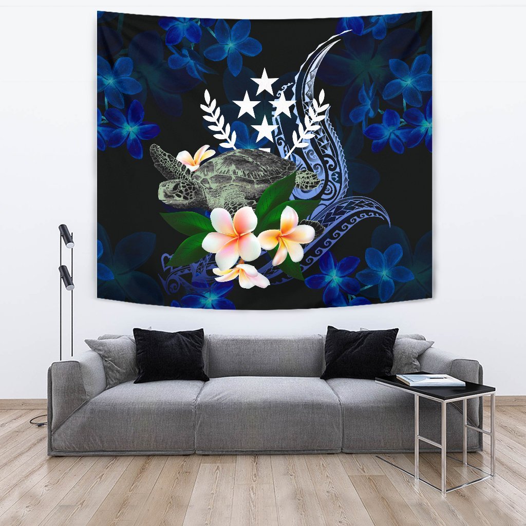 Kosrae Micronesia Tapestry - Turtle With Plumeria Flowers One Style Large 104" x 88" Blue - Polynesian Pride