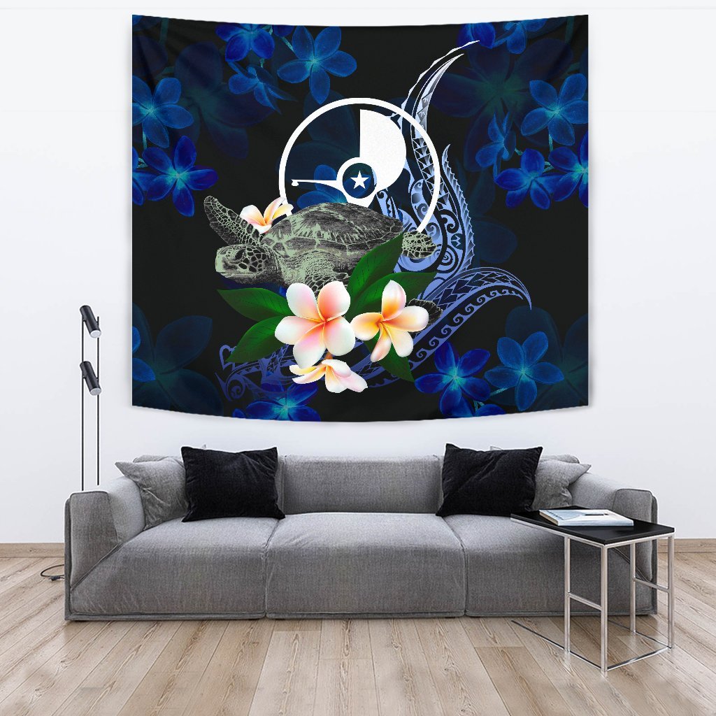 Yap Micronesia Tapestry - Turtle With Plumeria Flowers One Style Large 104" x 88" Blue - Polynesian Pride