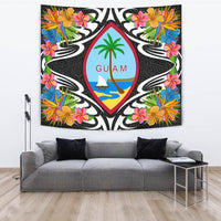 Guam Tapestrys - Tropical Flowers Style Wall Tapestry - Guam Large 104" x 88" Black - Polynesian Pride