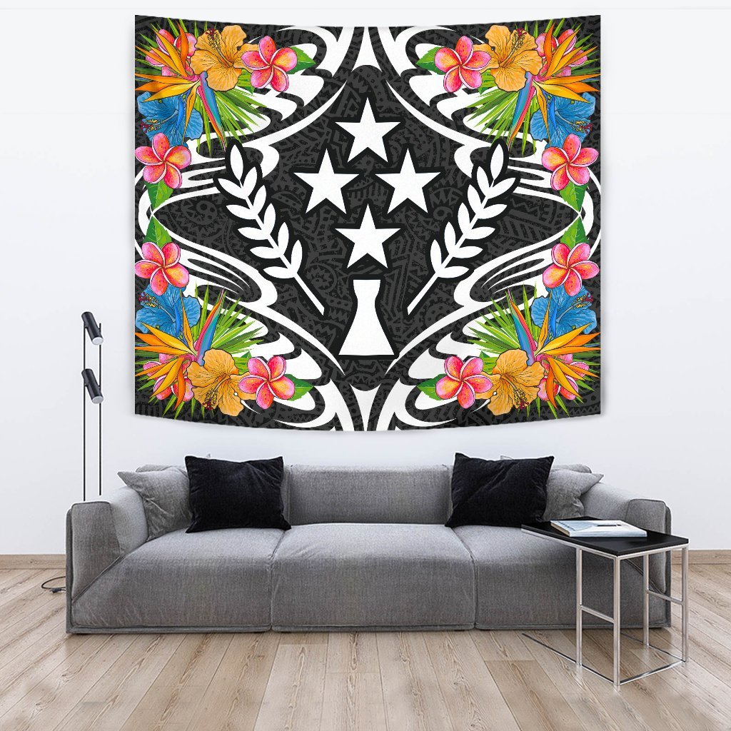 Kosrae State Tapestrys - Tropical Flowers Style Wall Tapestry - Kosrae State Large 104" x 88" Black - Polynesian Pride