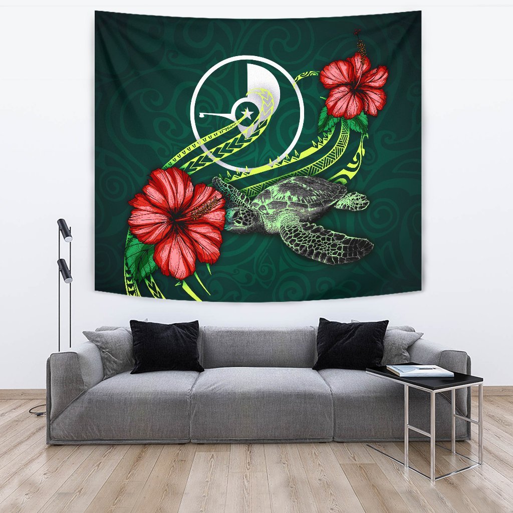 Yap Micronesia Tapestry - Green Turtle Hibiscus One Style Large 104" x 88" Green - Polynesian Pride