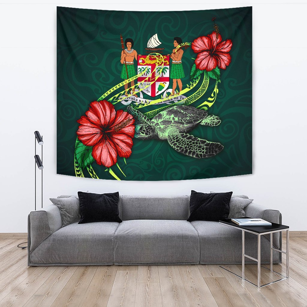 Fiji Polynesian Tapestry - Green Turtle Hibiscus One Style Large 104" x 88" Green - Polynesian Pride