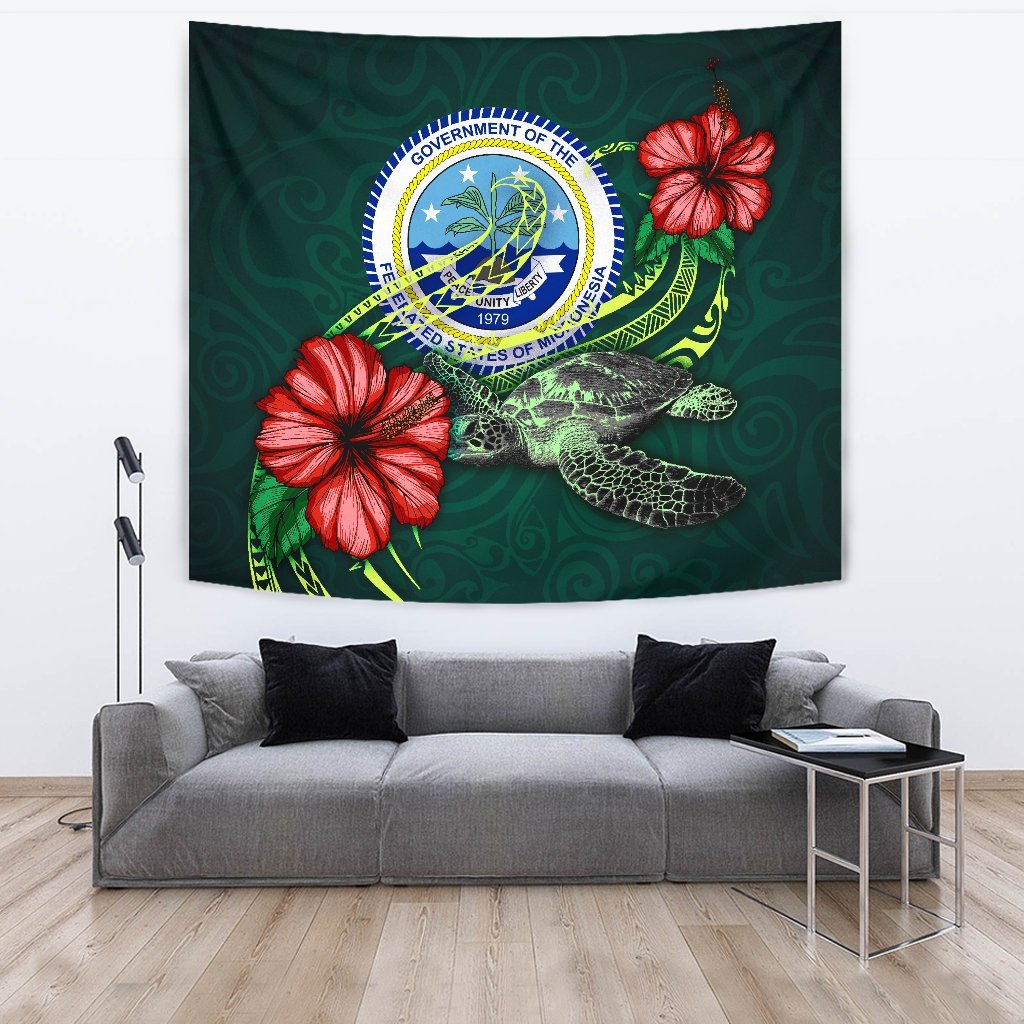 Federated States Of Micronesia Tapestry - Green Turtle Hibiscus One Style Large 104" x 88" Green - Polynesian Pride