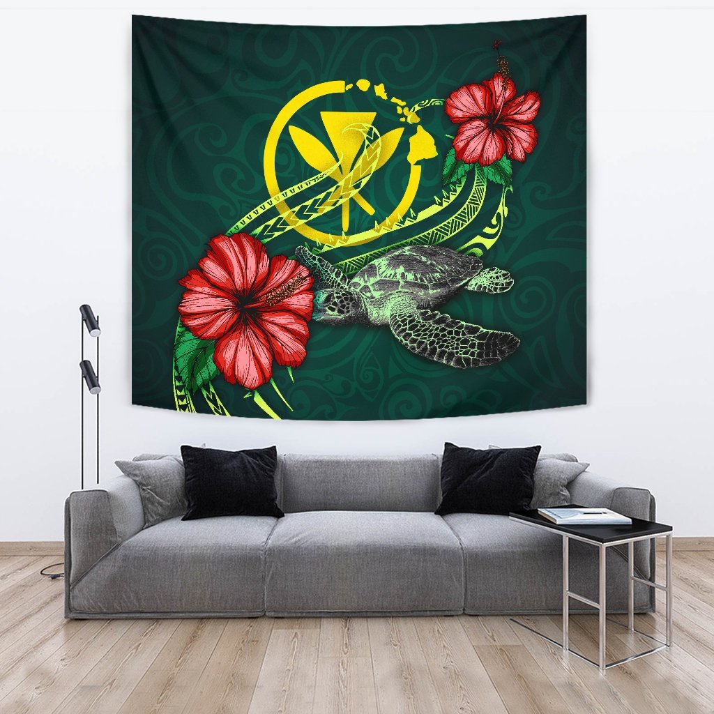 Hawaii Polynesian Tapestry - Green Turtle Hibiscus One Style Large 104" x 88" Green - Polynesian Pride