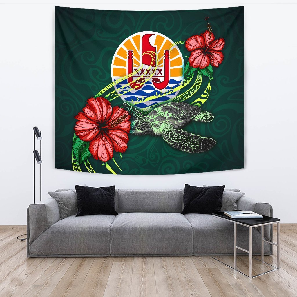 Tahiti Polynesian Tapestry - Green Turtle Hibiscus One Style Large 104" x 88" Green - Polynesian Pride