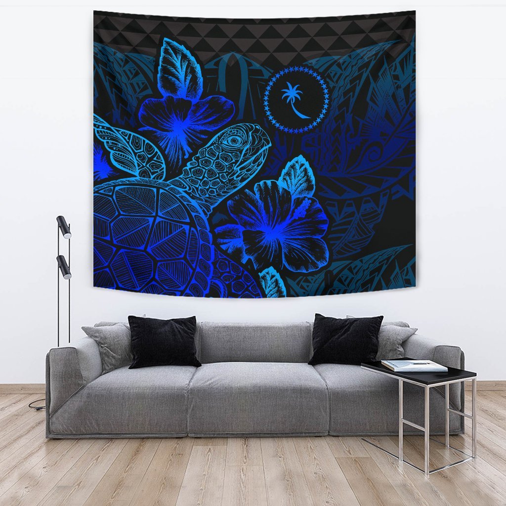 Chuuk Tapestry - Turtle Hibiscus Pattern Blue Wall Tapestry Large 104" x 88" Blue - Polynesian Pride